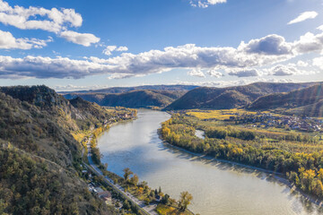 Panorama of Wachau valley (UNESCO) during autumn with Danube river near the Durnstein village in Lower Austria, Austria - 692031782