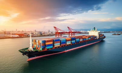 Naklejka premium Container Ship in at Port - Symbolizing the Backbone of International Trade and Cargo Industry.