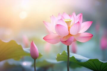 Obraz premium Graceful Bloom, Pink Lotus Blossom Captured in Soft Floral Elegance Against a Blurry Background.