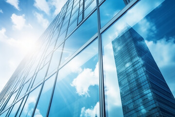 Reflective skyscrapers, business office buildings. Low angle photography of glass curtain wall details of high-rise buildings. The window glass reflects the blue sky and white clouds - obrazy, fototapety, plakaty