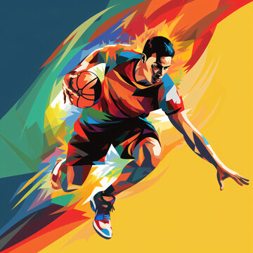 An exaggerated abstract cartoon watercolor illustration of an athlete playing basketball on a court with extremely athletic lines in a minimalist style