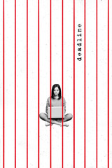 Vertical collage creative poster black white effect upset emotionless charm lady sit behind bars...