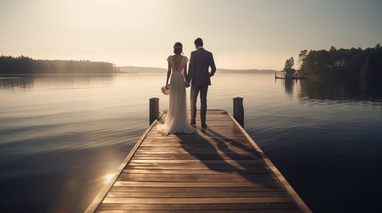 Bride and groom standing on dock near water, looking at lake, rear view.