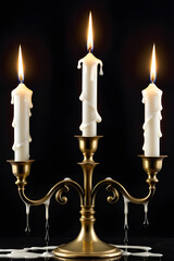 Vintage brass candelabra with three burning candles with dripping wax on a black vertical background. photo platform AI platform