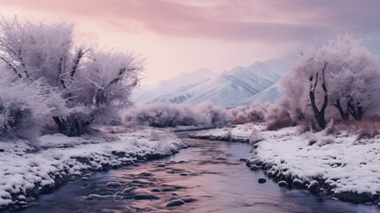 A beautifull winter landscape featuring snowy mountains and a river. Generated AI