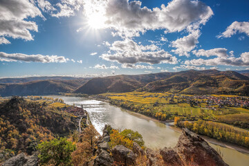 Panorama of Wachau valley (UNESCO) during autumn with Danube river near the Durnstein village in...