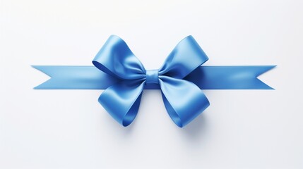 a flawless rendering of a blue ribbon elegantly tied into a bow, showcased on a solid white surface
