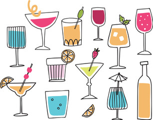 Collection of hand drawn doodle alcoholic drinks, cocktails with orange peel slices, umbrella and cherries. Happy New Year celebration, birthday party concept. Isolated vector icons, line illustration