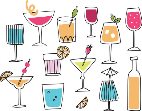Collection of hand drawn doodle alcoholic drinks, cocktails with orange peel slices, umbrella and cherries. Happy New Year celebration, birthday party concept. Isolated vector icons, line illustration