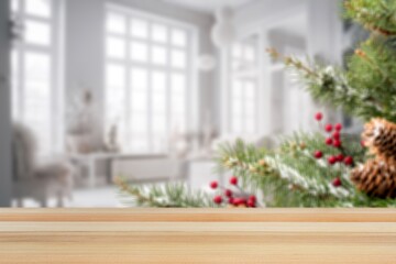 Empty table on christmas tree background