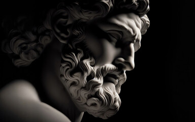 Head and shoulders detail of the ancient man with beard sculpture. Antique face with whiskers statue on black background