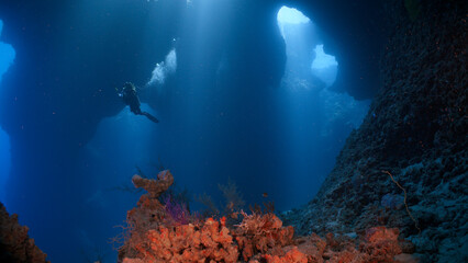 Naklejka na ściany i meble A SCUBA Diver explores inside a massive underwater cavern