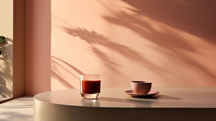 The soft morning light casts a tranquil shadow over a minimalist table with a coffee cup and a refreshing glass of water, creating a serene start to the day. Peach Fuzz 