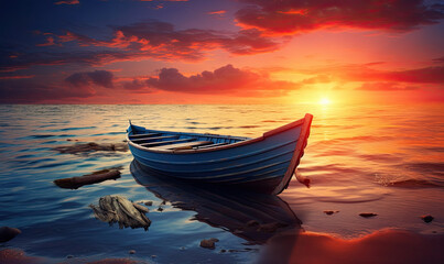 a boat is sitting on water of the ocean at sunset