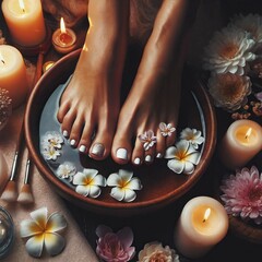 Relaxing foot bath. Women's feet bathing in bowl with flowers at spa salon . Beautiful female feet with perfect pedicure. Closeup. Spa treatment. Pedicure procedure. Footbath. Generative AI