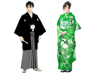 紋付き羽織と袴を着用した男性と振袖姿の女性（振袖緑）