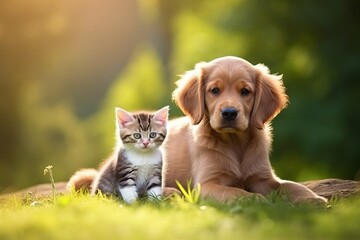 Cute little kitten cat and cute puppy dog lying on the grass together - obrazy, fototapety, plakaty