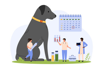 Dog on vet checkup for vaccine injection per vaccination calendar. Tiny people with syringe vaccinate giant sitting puppy with collar, treatment at veterinary hospital cartoon vector illustration - obrazy, fototapety, plakaty