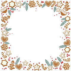 Illustration. Christmas cookies, gingerbread on transparent background with space for writing PNG. Background, invitation, concept of New Year holidays, Christmas