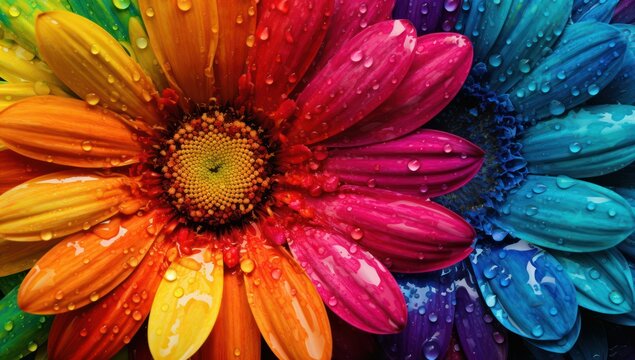 Beautiful closeup daisy flowers background, abstract nature wallpaper, rainbow color flowers