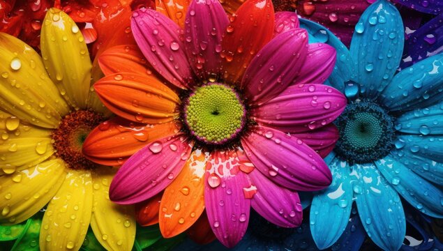Beautiful closeup daisy flowers background, abstract nature wallpaper, rainbow color flowers