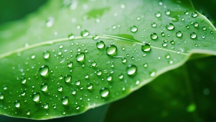 Water drops on green leaf macro background.
