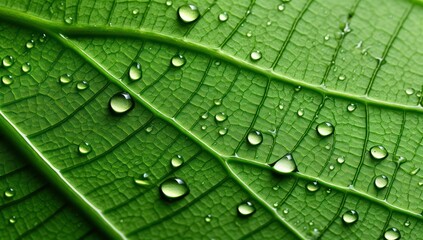 Water drops on green leaf macro background.