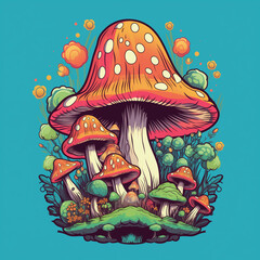 Retro 70's psychedelic hippie mushroom illustration
