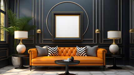 Art Deco-inspired interior design with an empty canvas mockup, showcasing bold geometric patterns, luxurious materials, and a touch of glamour