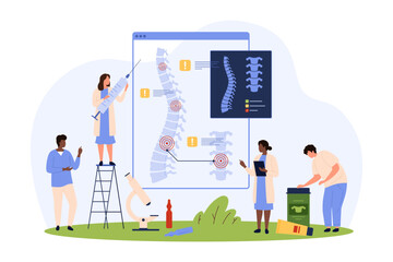 Diagnosis and treatment of chronic spinal diseases vector illustration. Cartoon tiny people check xray of spine for problem vertebrae, therapy for inflammation and intervertebral cartilage hernia - obrazy, fototapety, plakaty