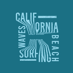 California Surfing Waves Beach typography distorted text t shirt design
