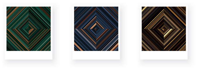 Variants of paper card with square checkered striped geometric patterns. Thin green, blue, brown stripes.