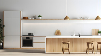 Fototapeta na wymiar Clean and crisp white on white Scandinavian kitchen interior design, featuring functional design, minimalist decor, and sleek appliances.