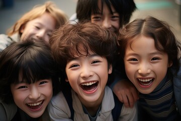 Obraz premium Portrait of happy cute asian kids smiling at camera at park