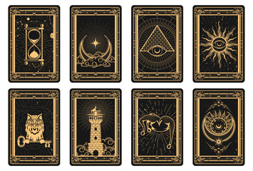 Tarot cards batch reverse side, magic frame with esoteric and mystic symbols, sun and lighthouse, moon and pyramid sorcery, vector - obrazy, fototapety, plakaty