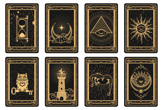 Tarot cards batch reverse side, magic frame with esoteric and mystic symbols, sun and lighthouse, moon and pyramid sorcery, vector