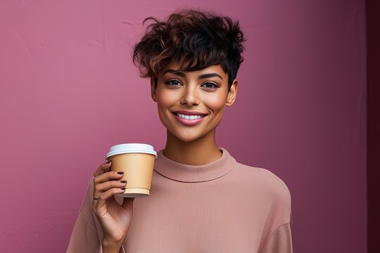 Young charming smiling woman with short brunette dyed haircut with cardboard coffee cup on pink background