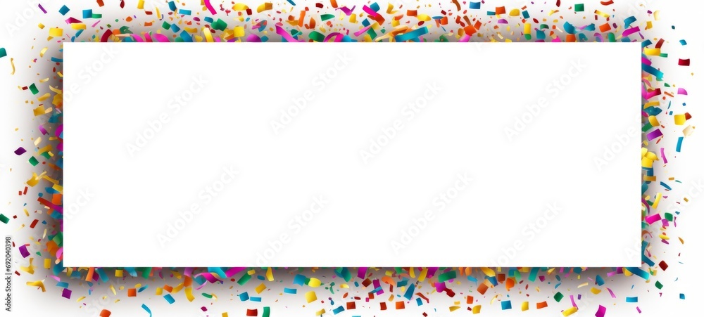 Aufkleber Festive carnival new year's eve celebration party banner texture illustration - Colorful multicolored glitter confetti and streamers on white table with white rectangular empty paper frame background