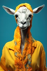 Abstract image of a lama woman in a yellow bathrobe on a blue background