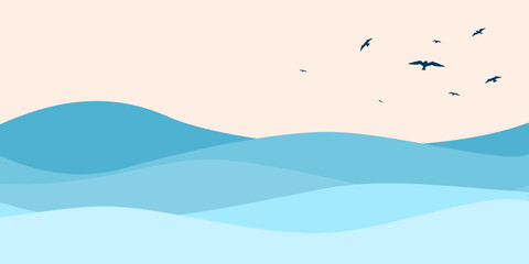 Fototapeta na wymiar The center of the sea background. Vector illustration of The evening sky, blue, birds.