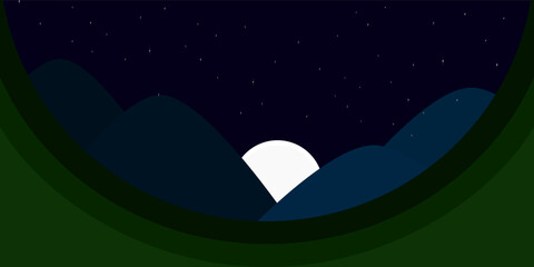 Night forests background. Vector illustration, A green frame like a tree in a forest, deep colors, blue mountains, white moonlight, stars.