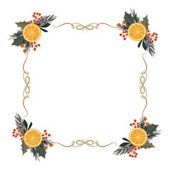 Ramka w prostym stylu. Botaniczny wzór z gałązkami jodły, świerku, suszoną pomarańcza, jemiołą i czerwonymi jagodami. © Monika