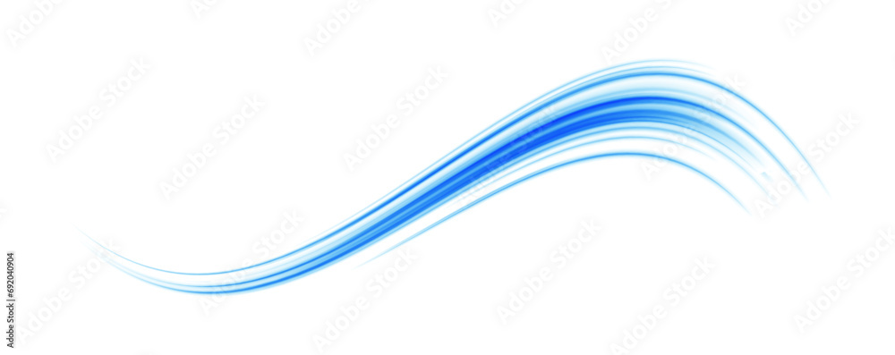 Poster Wavy transparent curved lines in the form of the movement of sound waves in a set of different shapes of whirlpool. Light, light garland PNG. 