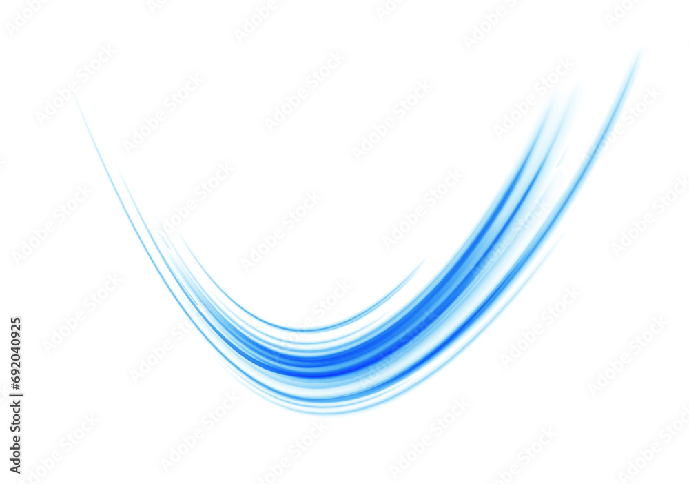 Poster Wavy transparent curved lines in the form of a blue wave, dynamically flowing sea water in a large set of different contour shapes.	