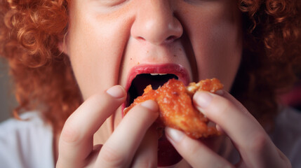 Woman eating a takeaway fried chicken wing from fast food cafe with a mouth and teeth close up