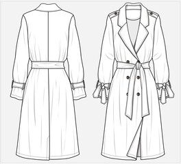 DOUBLE BREASTED LONG TRENCH ROBE COAT WITH NOTCH LAPEL AND SELF TIE UP BELT DETAIL DESIGNED FOR WOMEN IN VECTOR ILLUSTRATION 