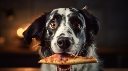 funny dog looks at the appetizing pizza on the table