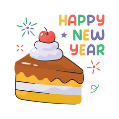 A piece of chocolate cake with cream and cherry on topping, concept icon of happy new year 2024 cake