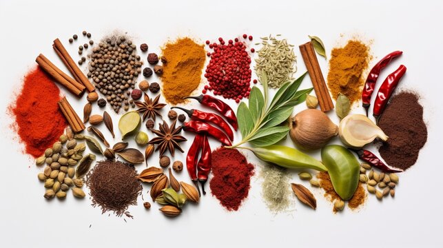 a sharp and vibrant image of various spices arranged meticulously on a pristine white background.