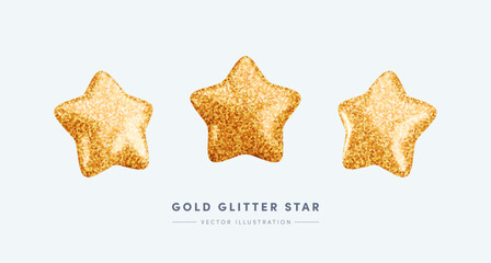 Vector 3d gold glitter textured star icons set. Cute realistic cartoon star projections 3d render, glossy sparkling star Illustration for customer rating concept, xmas decoration, game design, app